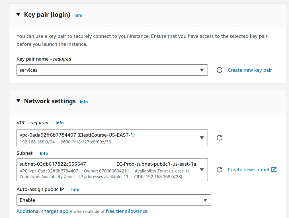 EC2 Key pair and network settings: VPC, subnet and EIP